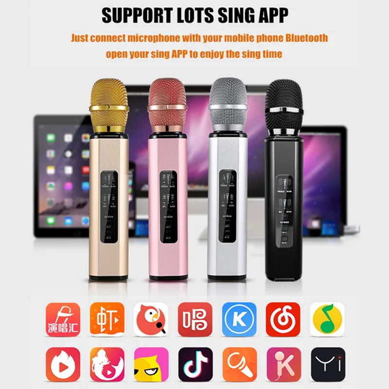 K6 2 in 1 Wireless Microphone Bluetooth-Compatible Speaker with LED Light HiFi Sound Reverb Effect Karaoke Device - Gold