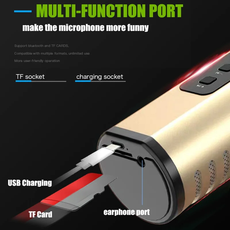 K6 2 in 1 Wireless Microphone Bluetooth-Compatible Speaker with LED Light HiFi Sound Reverb Effect Karaoke Device - Gold