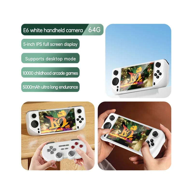 E6 Handheld Game Console 5 Inch Screen Android Dual Player Competitive Gaming Machine with 64GB Card - White