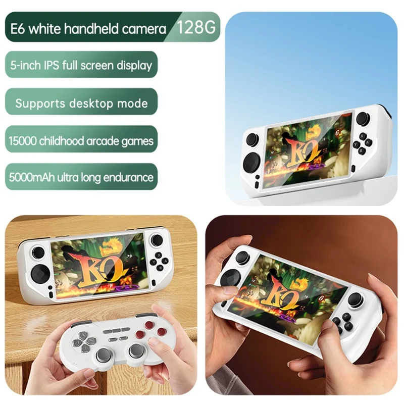 E6 Handheld Game Console 5 Inch Screen Android Dual Player Competitive Gaming Machine with 128GB Card - White