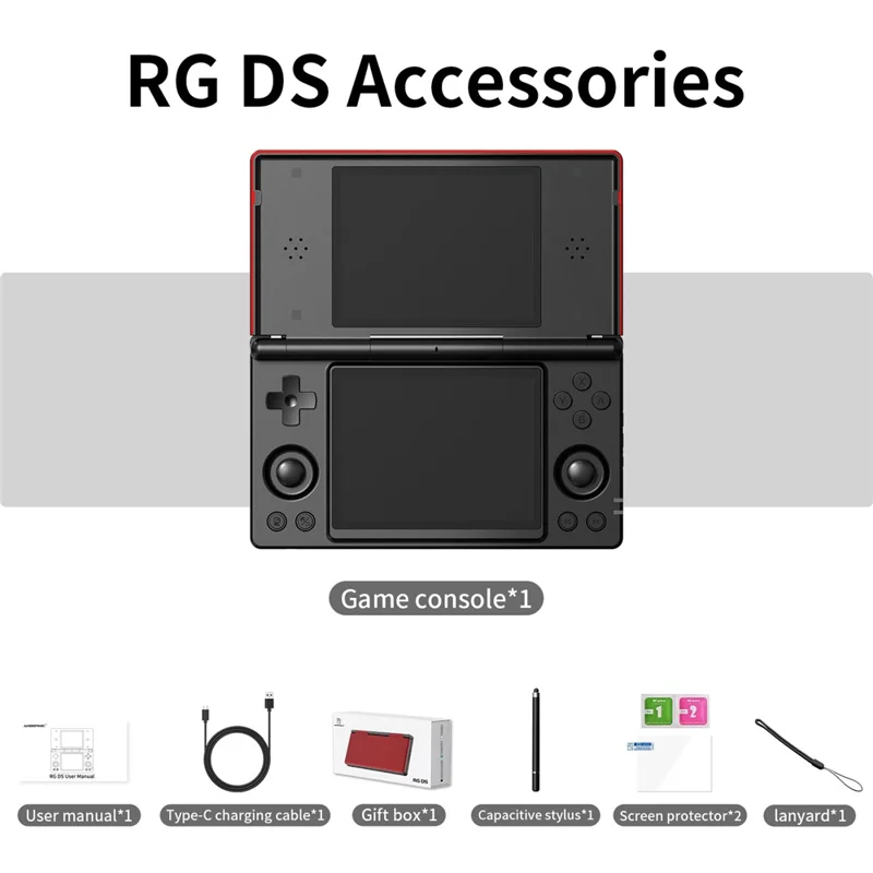 Console per giochi portatile ANBERNIC 128G RG DS, console retro arcade Android open source con doppio schermo IPS - Rosso / Nero