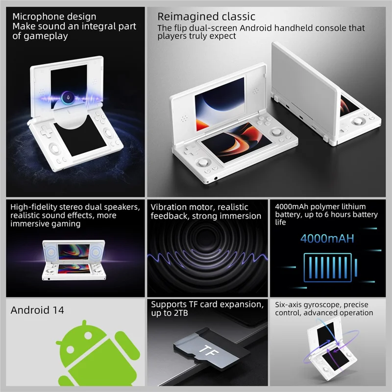 ANBERNIC 256G RG DS Handheld Game Console Retro Arcade Android Open Source Console with Dual IPS Screens - White