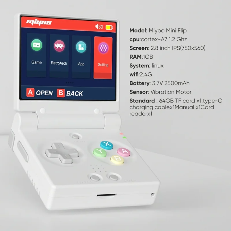 MIYOO Mini Flip Retro Handheld Game Console Flip Design Open Source Portable Gamepad with 64GB TF Card - White