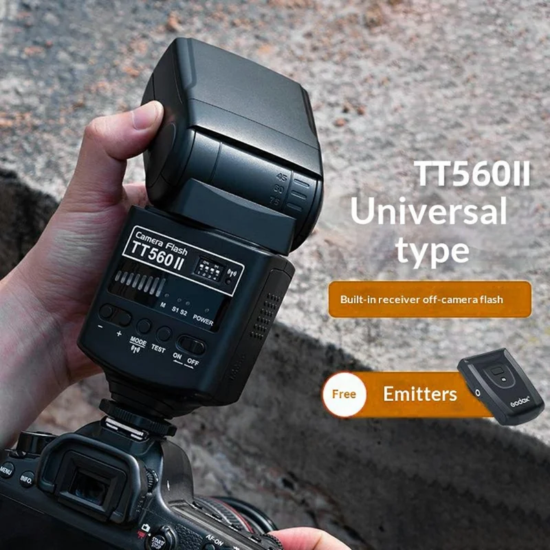فلاش كاميرا GODOX TT560 II مع مستقبل لاسلكي 433 ميجا هرتز، ضوء فلاش بمنفذ هوت شو لكانون، نيكون، سوني - أسود