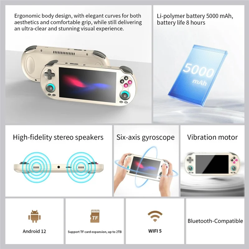 ANBERNIC RG VITA 5.46 Inch IPS Gaming Handheld Game Console Built in 3GB+64GB Streaming Android 12 T618 Octa-Core Competitive Gaming Machine - White