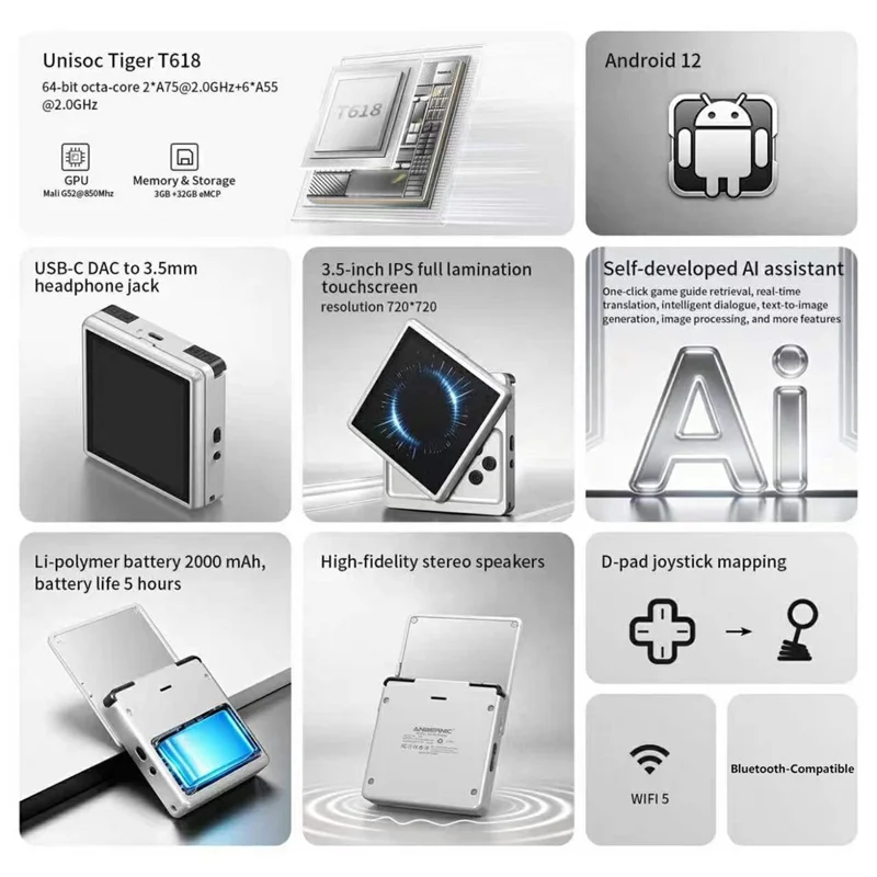 ANBERNIC RG Rotate Handheld Game Console 3.5 Inch IPS Touchscreen Aluminum Alloy Rotatable Screen Android 12 Gaming Device - Silver