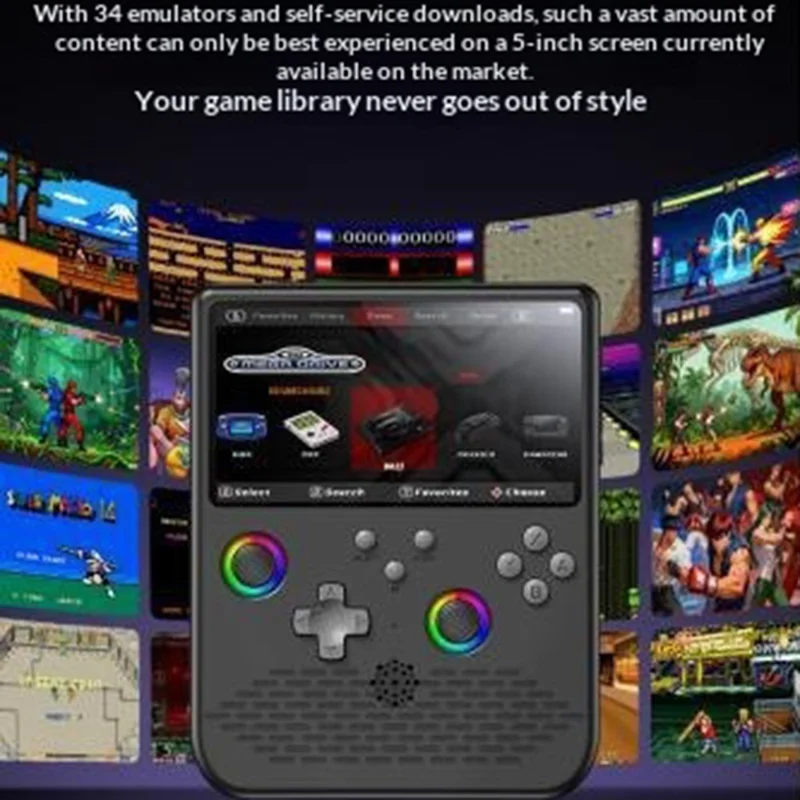H5 Handheld Gaming Console 64G 5 inch IPS Screen RGB Lights 34 Emulators GBA Arcade - Black