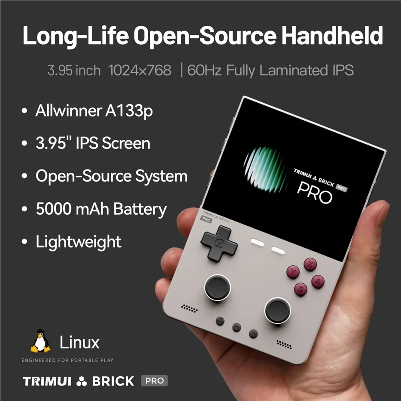 TRIMUI Brick Pro Handheld Game Console without TF Card Dual Hall Joysticks 3.95 inch IPS Screen Linux Retro Gamepad - Grey