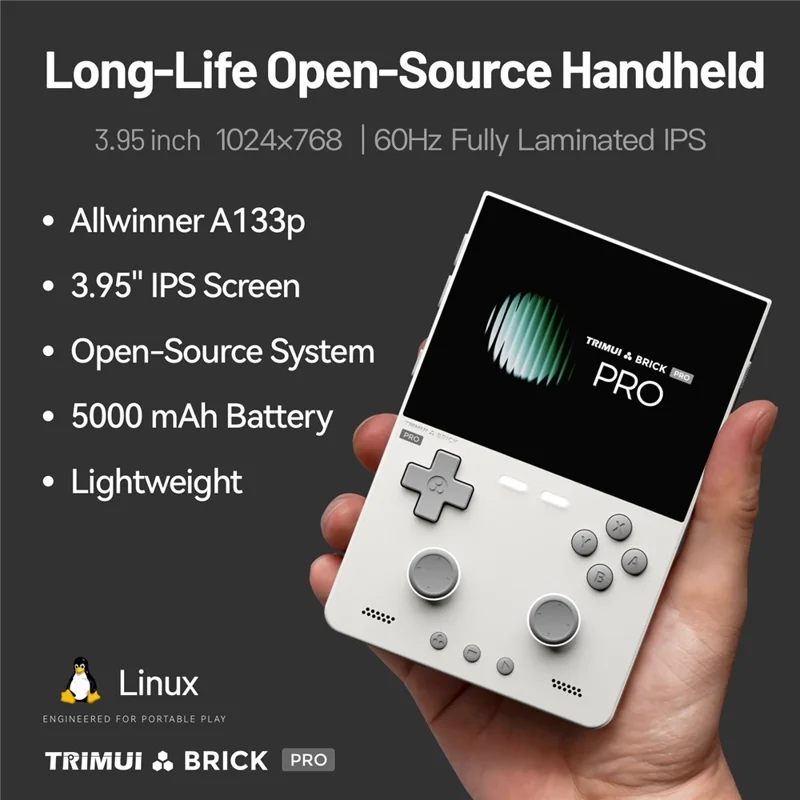 TRIMUI Brick Pro Handheld Game Console with 128GB TF Card Dual Hall Joysticks 3.95 inch IPS Screen Linux Retro Gamepad - White