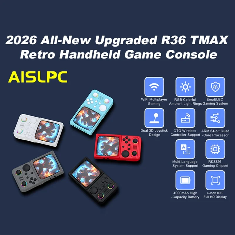AISLPC R36T MAX Retro Game Console without TF Card 4.0 Inch IPS Curved Screen Dual 3D Joysticks RGB WiFi Handheld Gamepad - Black