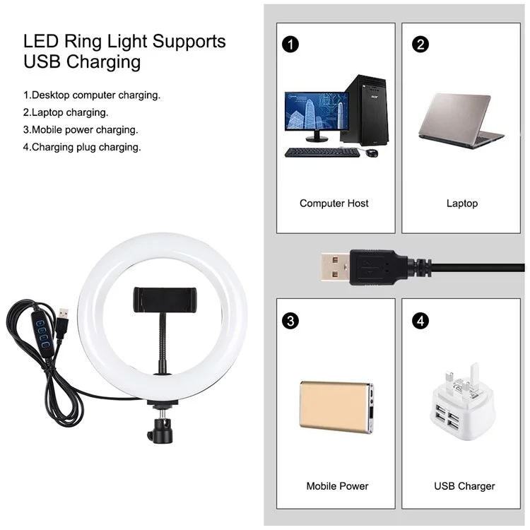 PULUZ PKT3078B da 7,9 Pollici da 20 cm USB Dimmettibile a Temperatura a Doppio Colore LED Lede LED Con Morsetto Telefonico + Montaggio Del Desktop di Base Rotonda