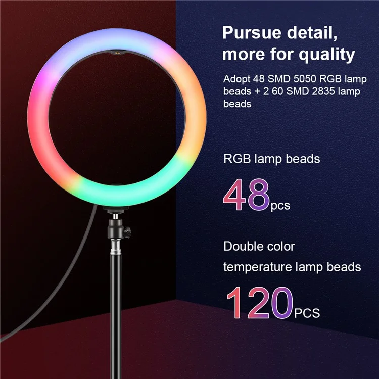 PULUZ PKT3081B 10,2 Pouces 26cm Marquee LED RGBWW Lumière + 1,1 m Mount de Trépied 168 LED Température à Double Couleur Lumières de Remplissage Dimmables Avec Tête de Trépied à Chaussure Froide & Télécommande & Serrage Téléphonique