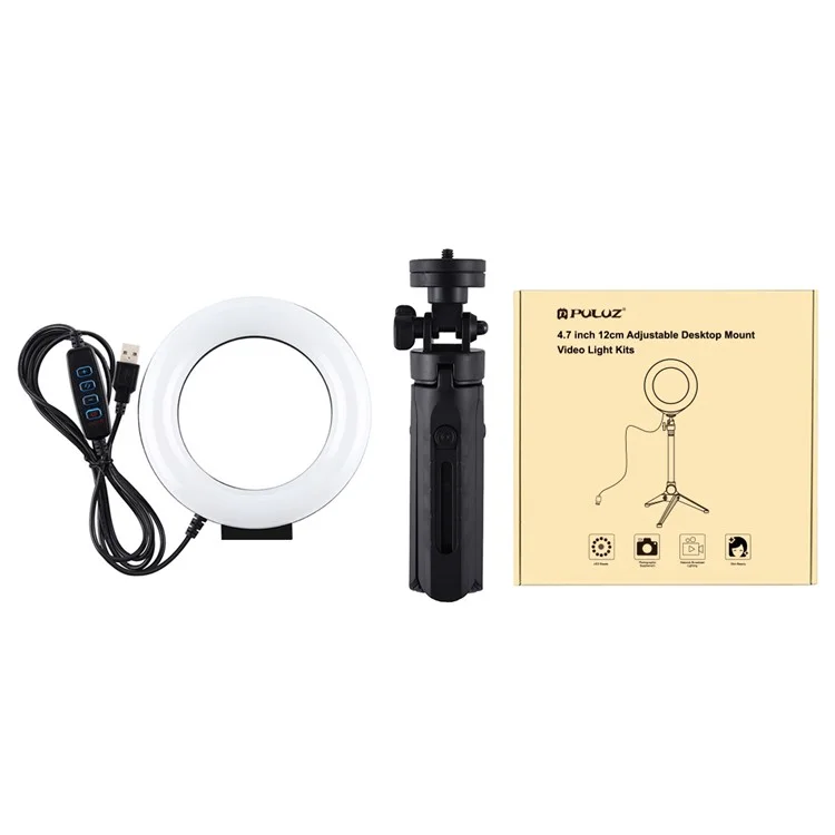 PULUZ PKT3058B 4,7-Zoll 12 cm USB 3-Modis Dimmbares Vlogging-Fotografie-Video-LED-Ringleuchte + Stativhalterung-Set