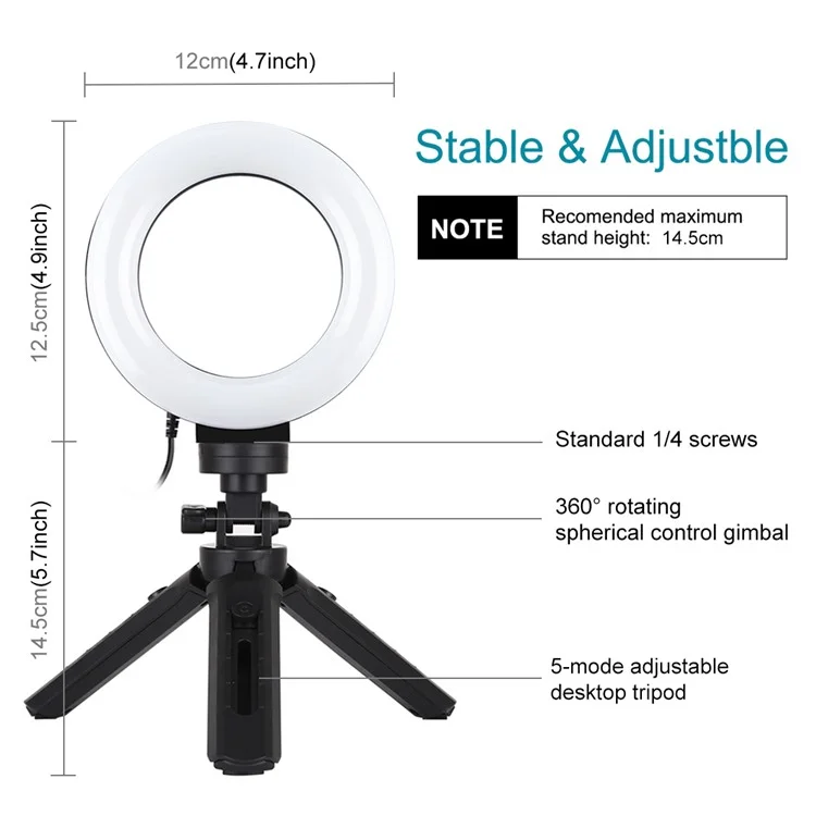 PULUZ PKT3058B 4,7 Pouces 12cm USB 3 Modes Vlogging Photographing Photography Video Ring Lights + Trépied Mount Kit