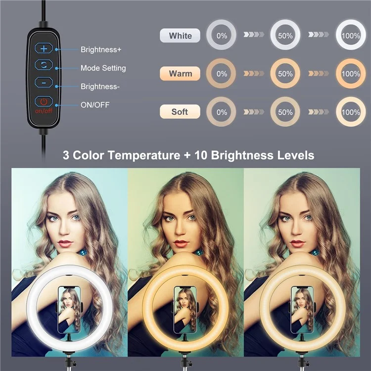 PULUZ PKT3069B 1.1m Tripod Mount + 10.2-inch 26cm Dimmable Dual Color Temperature USB LED Ring Lights Selfie Photography Video Fill Light  with Phone Clamp & Selfie Remote Control