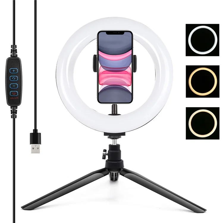 PULUZ PKT3073B 7.9-inch 20cm Ring Light + Desktop Tripod Mount USB 3 Modes Dimmable Dual Color Temperature Vlogging Selfie Photography LED Ring Lights with Phone Clamp