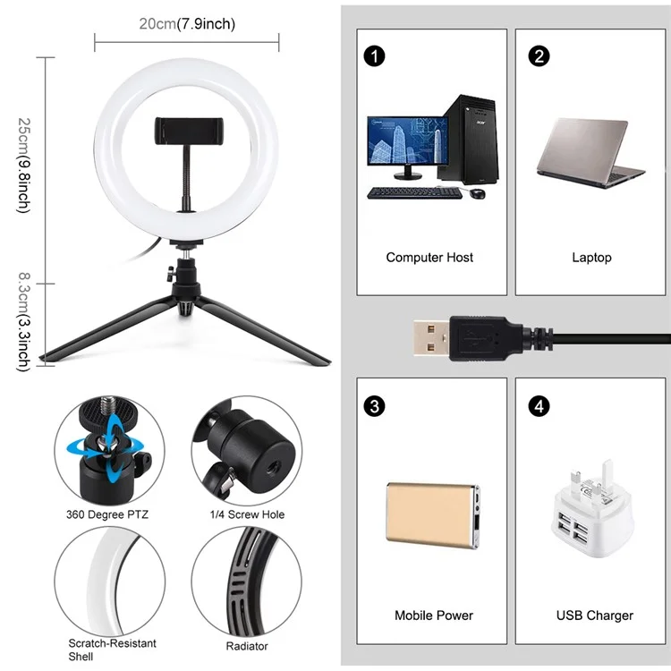 PULUZ PKT3073B da 7,9 Pollici da 20 cm Light + Desktop Trippiede Monte 3 Modalità USB 3 Dimmettibile Tempera Dupabile Vlogging Anticola LED Pothografica Lucche