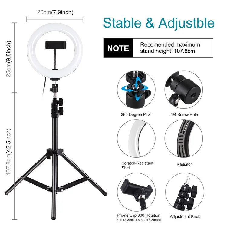 Puluz 7.9 Pulgadas de Anillo de 20 cm LED LED + 1.1m Montaje de Trípode USB 3 Modos Dimmable Dived Temperatura LED LED Leche Curvad