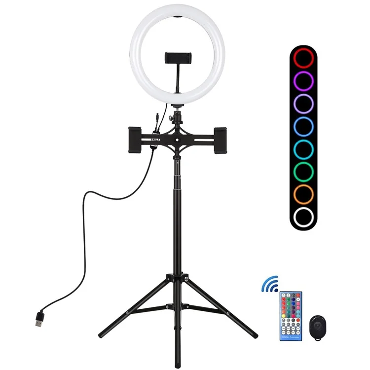 PULUZ 10,2 Pouces 26cm RGBW Lumière + 1,65m Montage de Trépied + Double Support de Téléphone Curbe Surface USB Ragne Dimmable Dimm Vlogging Video Light Live Broadcast Kit