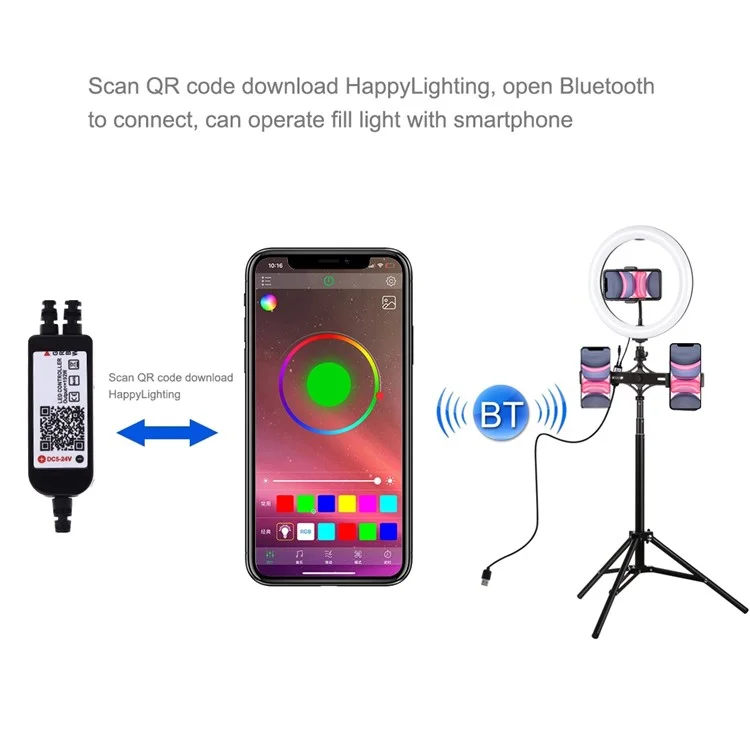 PULUZ 10,2 Pollici 26 cm Light RGBW + 1,65 m Monte Treppiede + Dual Telefono Superficie Curva USB USB RGBW Dimmabile Dimmetti Anello Vlogging Videa Light Live Kit di Trasmissione