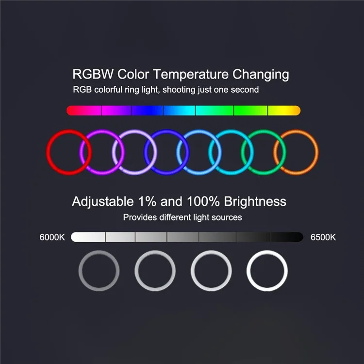PULUZ 10,2 Pouces 26cm RGBW Lumière + 1,65m Montage de Trépied + Double Support de Téléphone Curbe Surface USB Ragne Dimmable Dimm Vlogging Video Light Live Broadcast Kit