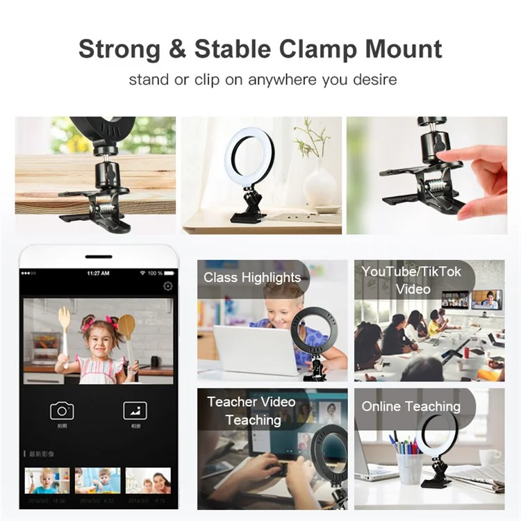 Live Broadcast Video Shooting 6inch 3 Color Modes LED Selfie Ring Light + Clamp Mount