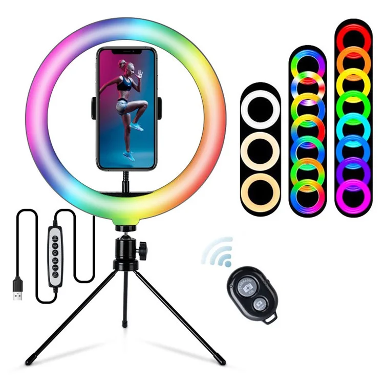 Anillo de luz LED RGB S26-RGB de 10 pulgadas con soporte para teléfono y alimentación USB para transmisión en vivo, maquillaje y selfie