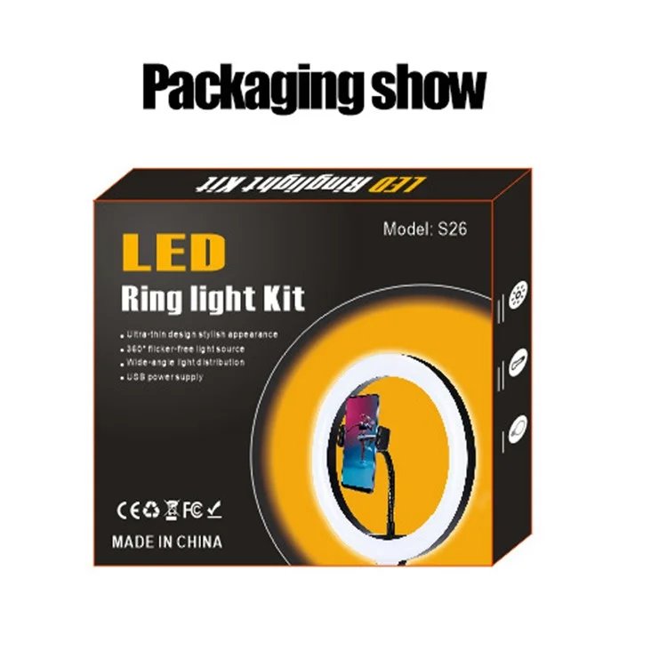 Anillo de luz LED RGB S26-RGB de 10 pulgadas con soporte para teléfono y alimentación USB para transmisión en vivo, maquillaje y selfie