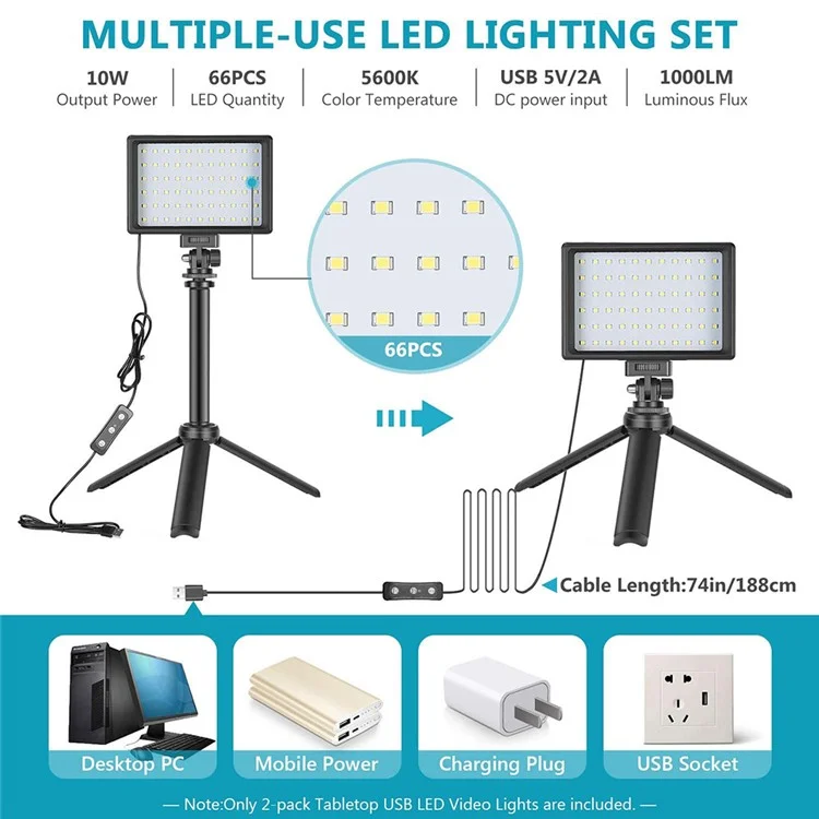 Neewer 2pcs USB LED Videoge Lumière Dimmable 5600K Desktop Live Streming Photography Film Lights Avec Stand et Filtres de Couleur Réglables