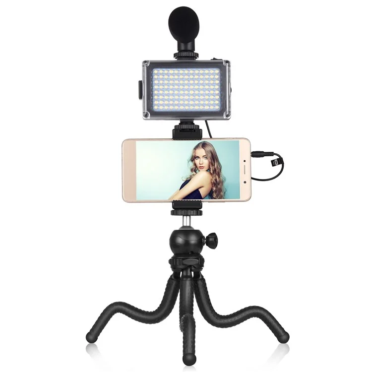 PULUZ PKT3094B Flexível Octopus Tripod Phone Camer Telder Ferramentas de Transmissão ao Vivo Kit Com Microfone Leve de Preenchimento