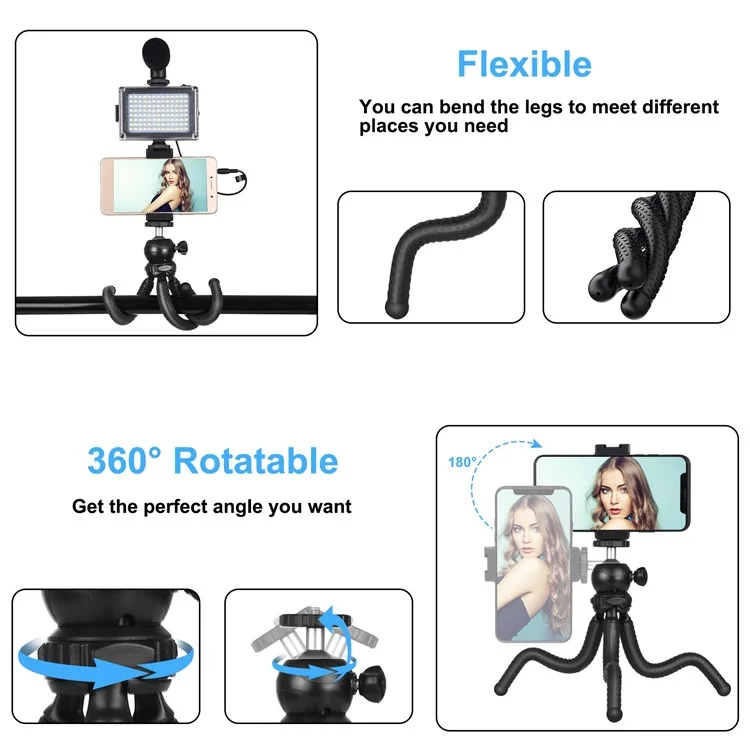 PULUZ PKT3094B Flexible Octopus Trépied Tipod Phone Camera Holder Live Streaming Tools Kit Avec Microphone Fill Light