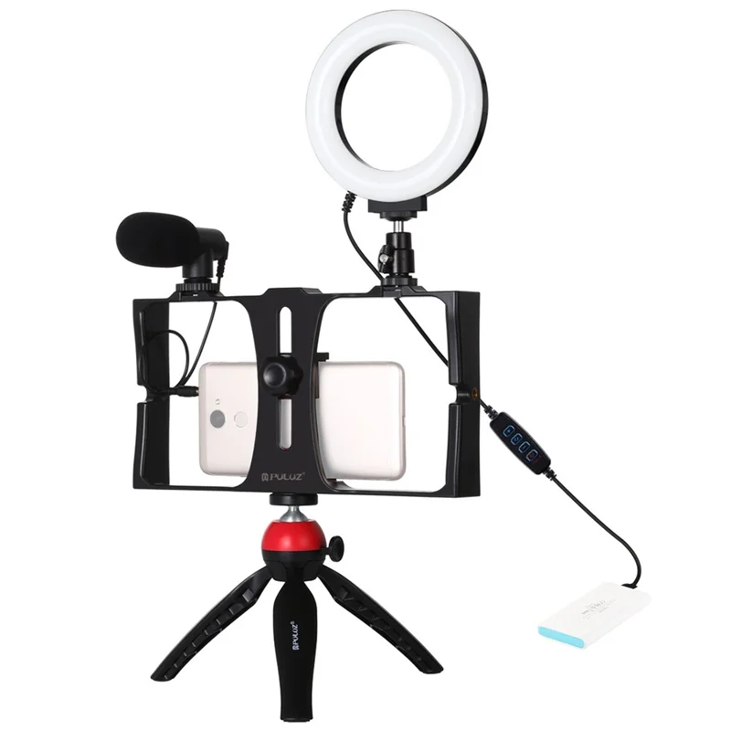 PULUZ PKT3025 Photography Kit Vlogging Rig Microphone Tripod Mount Cold Shoe Tripod Head with LED Ring Light - Red