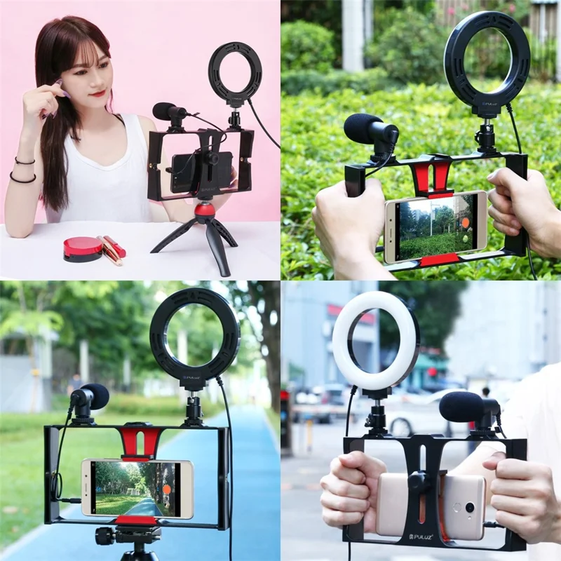 PULUZ PKT3025 Photography Kit Vlogging Rig Microphone Tripod Mount Cold Shoe Tripod Head with LED Ring Light - Red