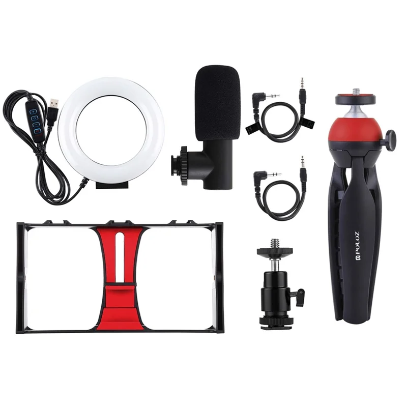 PULUZ PKT3025 Photography Kit Vlogging Rig Microphone Tripod Mount Cold Shoe Tripod Head with LED Ring Light - Red