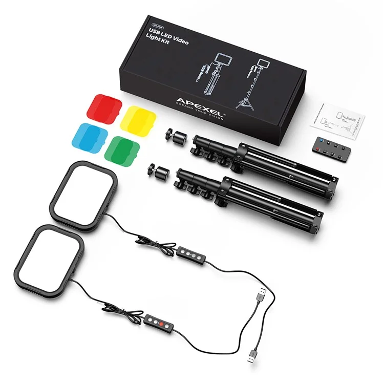 APEXEL APL-FL19 2Pcs USB LED Light Kit com Tripé Ajustável e Filtros de Cor para Filmagem de Vídeo