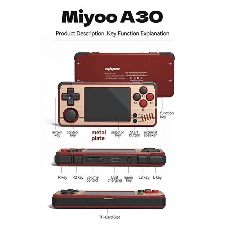MIYOO A30 2.8-inch IPS Screen Linux System Portable Retro Handheld Game Console - Red
