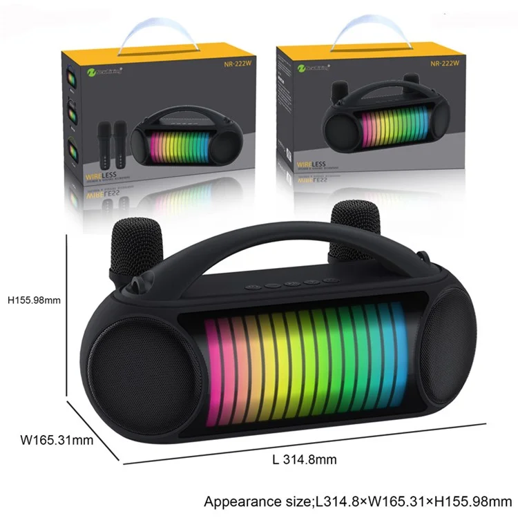 NR-222W Portable Outdoor Bluetooth-compatible Speaker Dynamic Light Music Loudspeaker with 2 Wireless Microphones - Black
