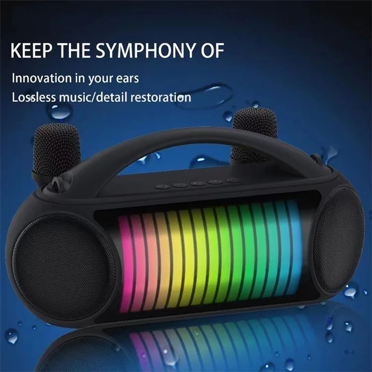NR-222W Portable Outdoor Bluetooth-compatible Speaker Dynamic Light Music Loudspeaker with 2 Wireless Microphones - Black