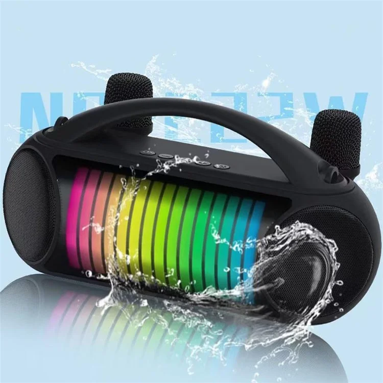 NR-222W Portable Outdoor Bluetooth-compatible Speaker Dynamic Light Music Loudspeaker with 2 Wireless Microphones - Black