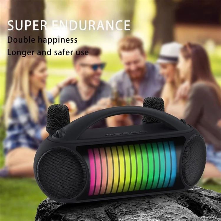 NR-222W Portable Outdoor Bluetooth-compatible Speaker Dynamic Light Music Loudspeaker with 2 Wireless Microphones - Black