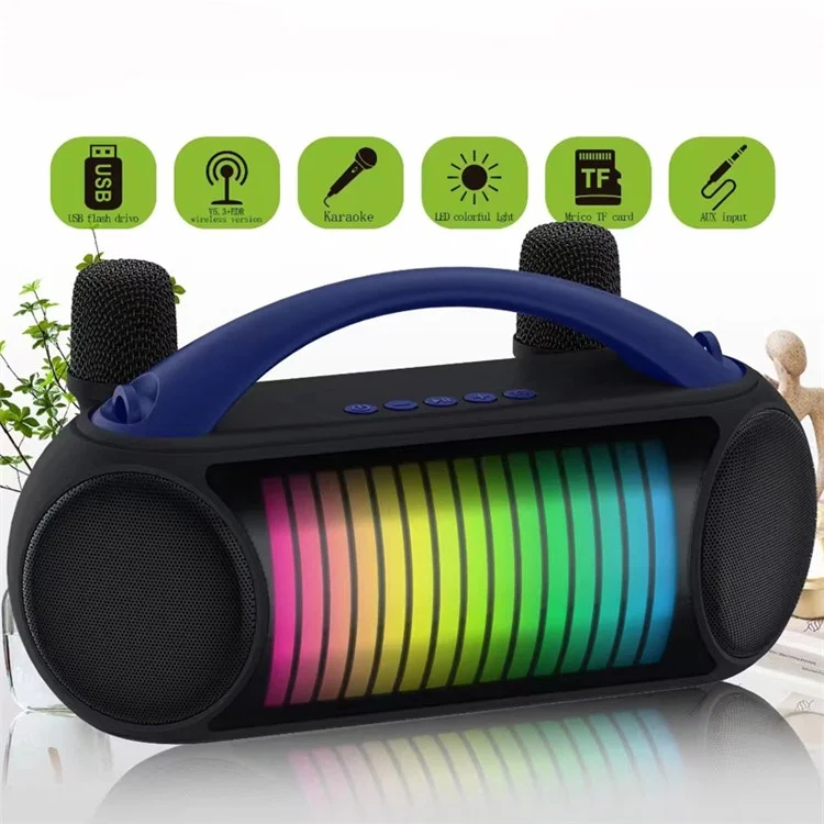 NR-222W Portable Outdoor Bluetooth-compatible Speaker Dynamic Light Music Loudspeaker with 2 Wireless Microphones - Black