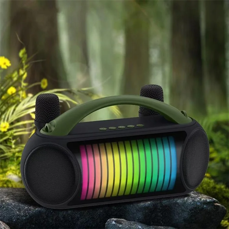 NR-222W Portable Outdoor Bluetooth-compatible Speaker Dynamic Light Music Loudspeaker with 2 Wireless Microphones - Black