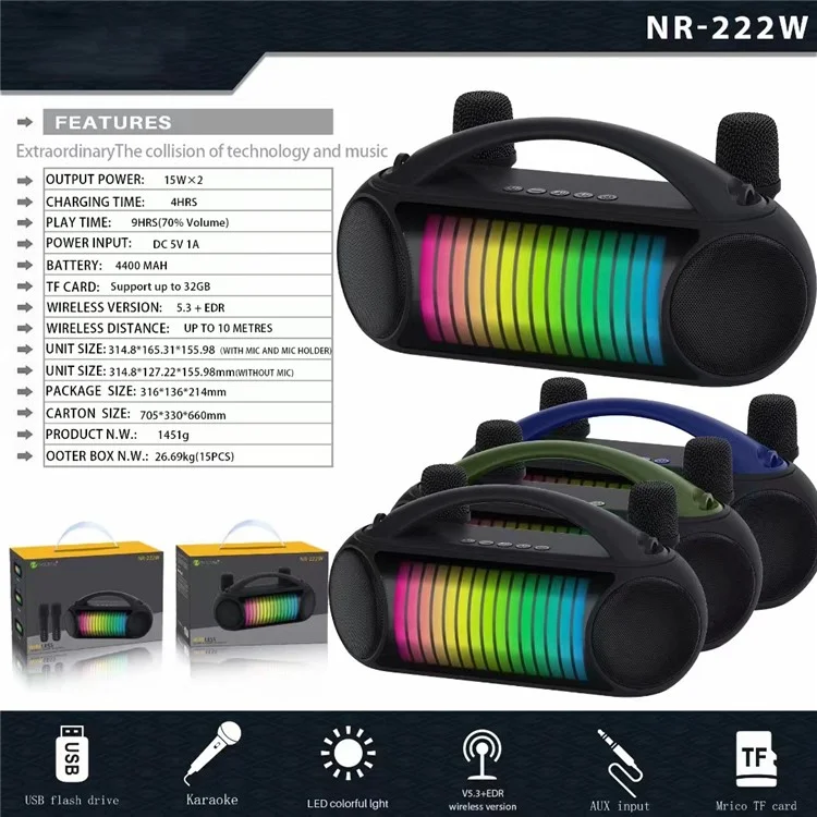 NR-222W Portable Outdoor Bluetooth-compatible Speaker Dynamic Light Music Loudspeaker with 2 Wireless Microphones - Black