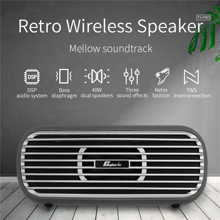 CYBORIS T5 Pro Retro TWS Bluetooth-Lautsprecher 40W tragbarer Subwoofer