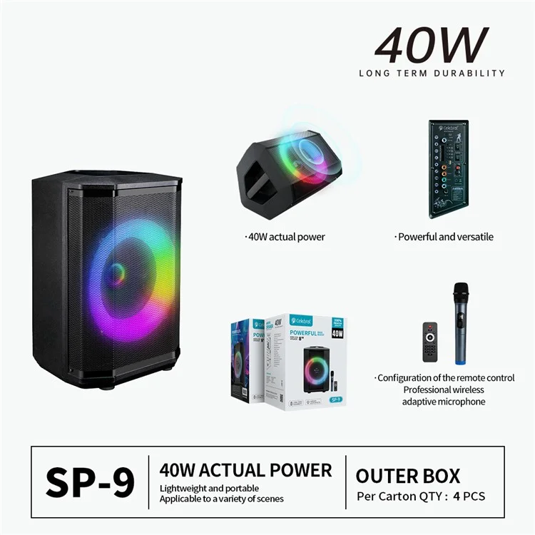 CELEBRAT SP-09 40W Haut-parleur portable haute puissance avec caisson de basses TWS Bluetooth et microphone - Prise EU