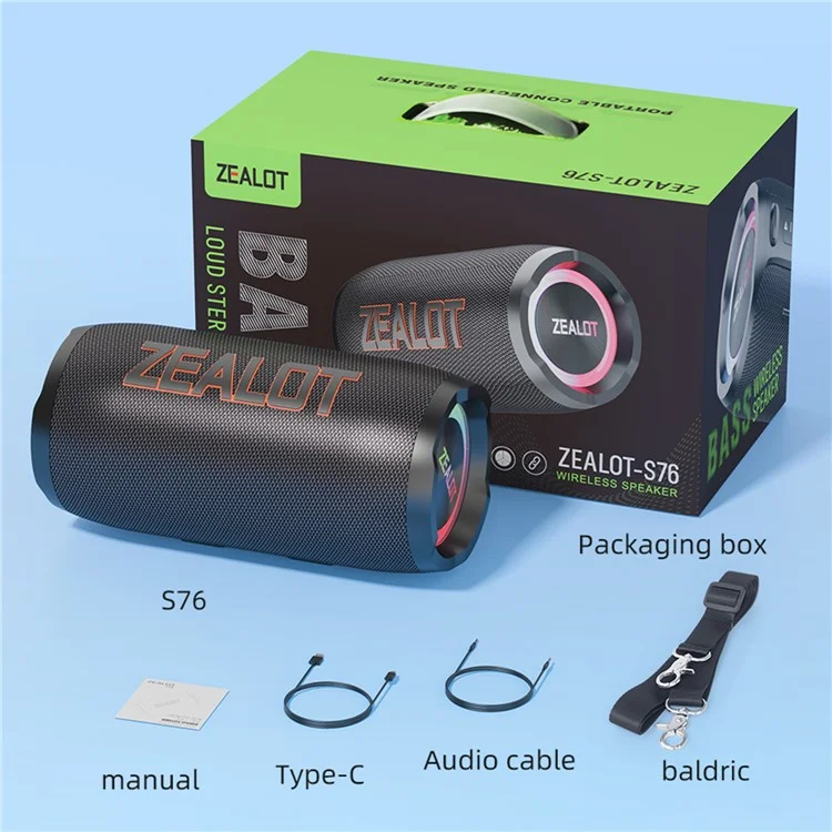 ZEALOT S76 50W Alto-Falante Bluetooth Portátil à Prova D'Água Sem Fio Subwoofer Estéreo de Música - Preto