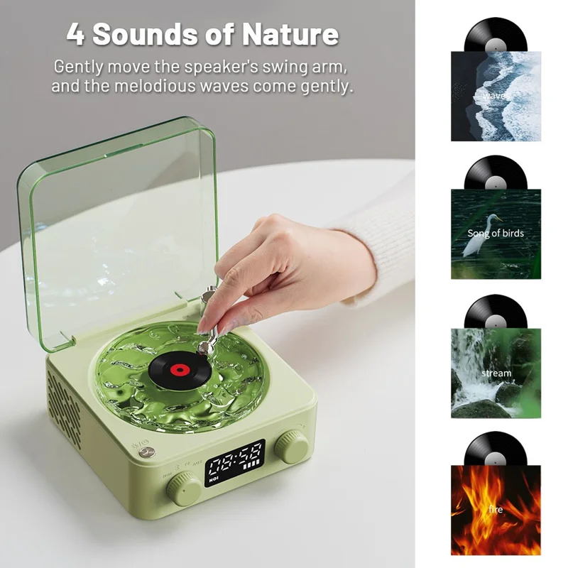 Vinyl Record Player Wireless Bluetooth-compatible Speaker Sleep Aid with Clock and Projection Light - Green