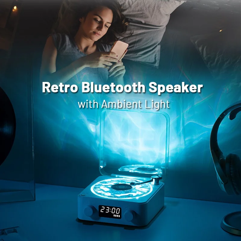 Vinyl Record Player Wireless Bluetooth-compatible Speaker Sleep Aid with Clock and Projection Light - Green