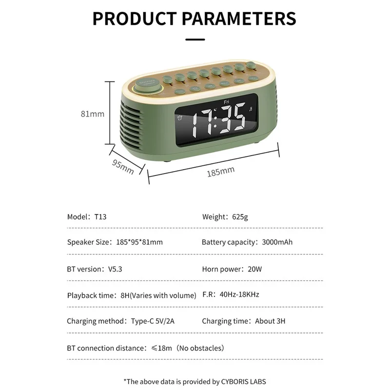 CYBORIS T13 Natural Sounds White Noise Alarm Clock Bluetooth-compatible Speaker with Ambient Light - Black