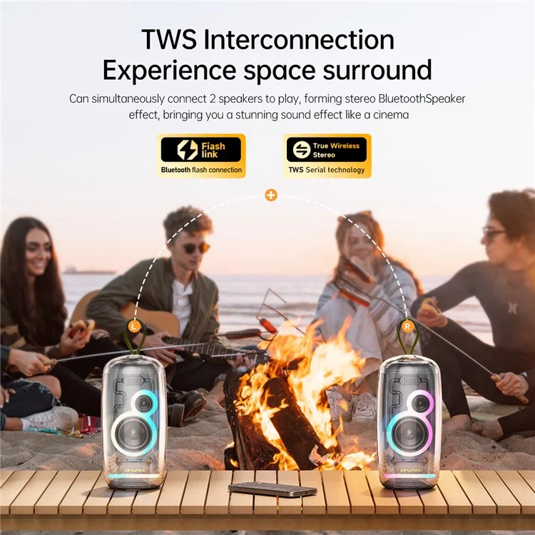 Altavoz Bluetooth impermeable AWEI KA32 TWS con emparejamiento, reproductor de música con subwoofer y luces de colores